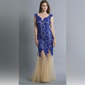 125 Elegant Blue and Cream Lace Evening Gown